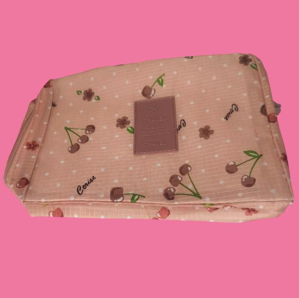 Travel Pink Cherry Cosmetics bag with Cute Kawaii Saying